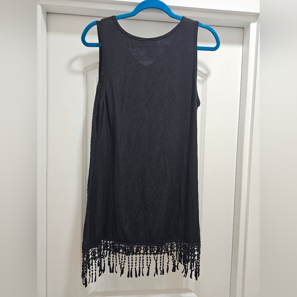 Vocal Women's Black Sleeveless Fringe Rhinestone Tunic Blouse XL Made in the USA - Picture 2 of 8